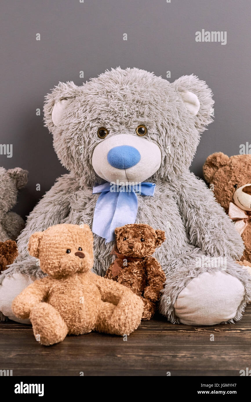 Teddy bears of different size. Furry toy animals. Allergy friendly toys. Stock Photo