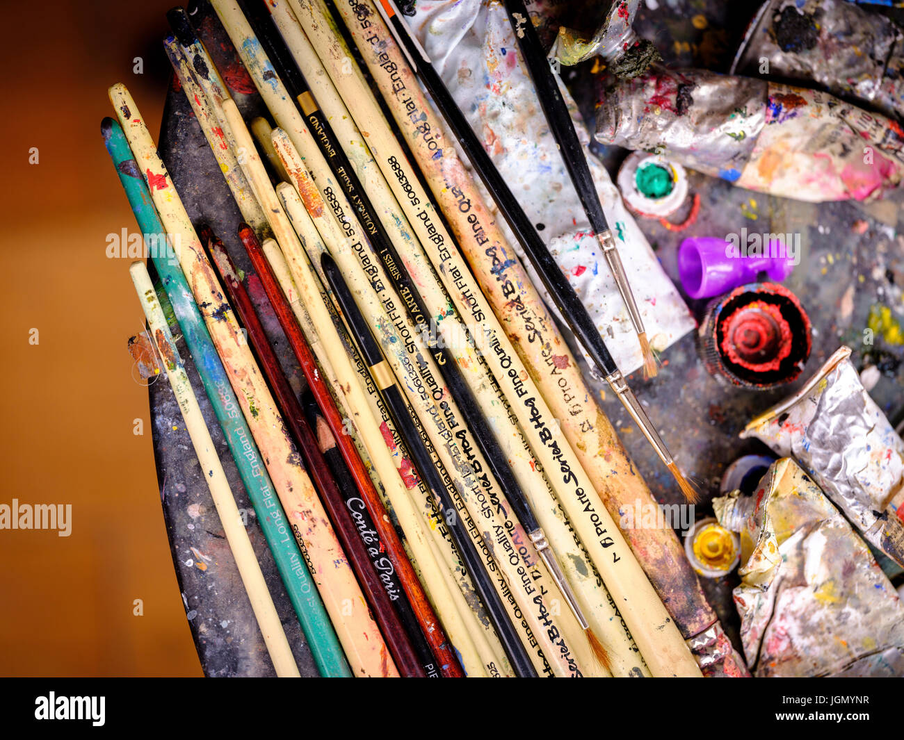 Art materials in the studio of David Henty. Stock Photo
