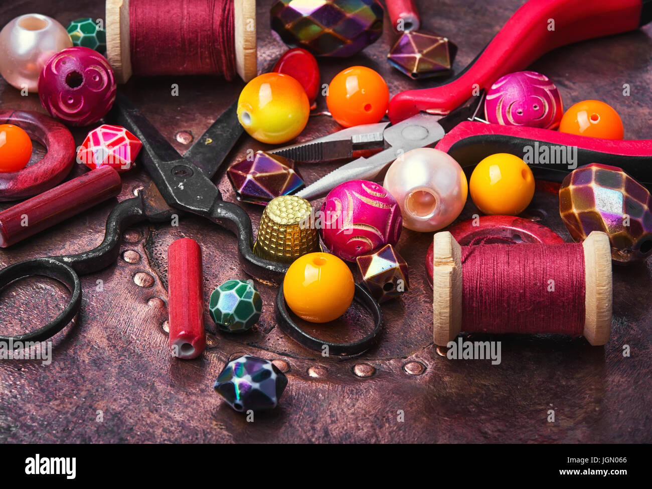 Beads Background. Retro Top View Colorful Bead Heap. Stock Photo