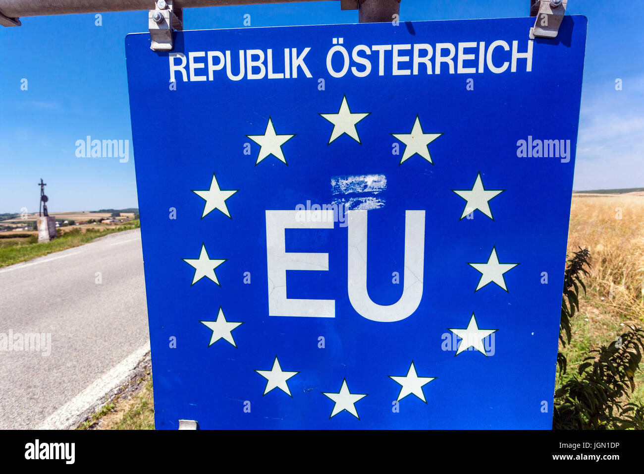 Austria border , EU logo European Union sign Europe Stock Photo
