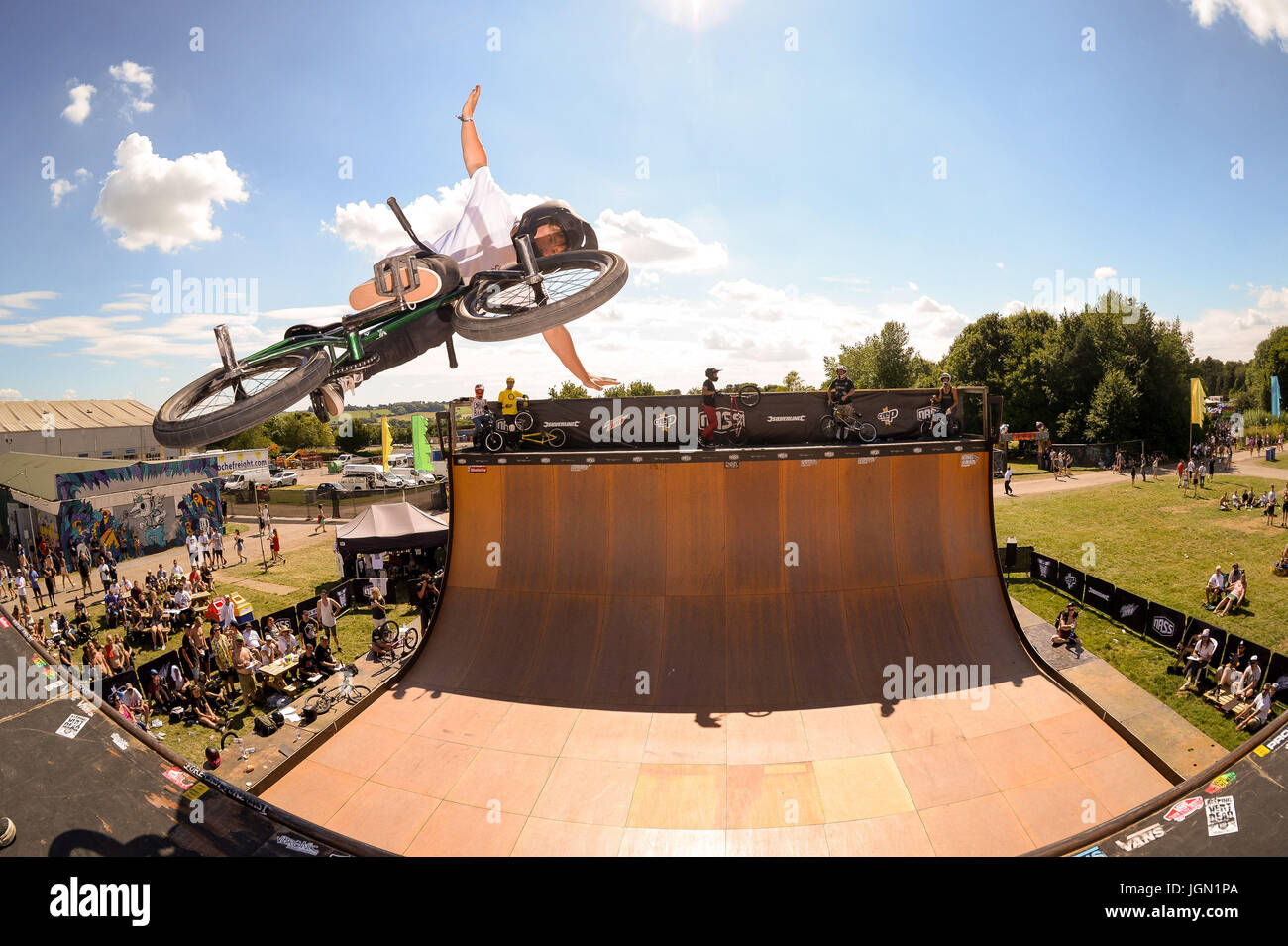 BMX'ers perform tricks during the BMX World Championships during the NASS Festival 2017 at the Royal Bath & West Showground in Shepton Mallet, Somerset. Stock Photo