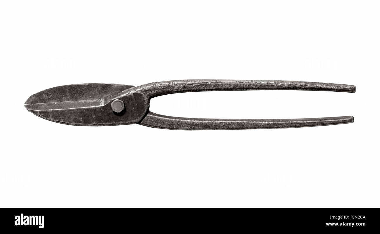 Isolated objects: old dingy scissors for metal on white background Stock Photo
