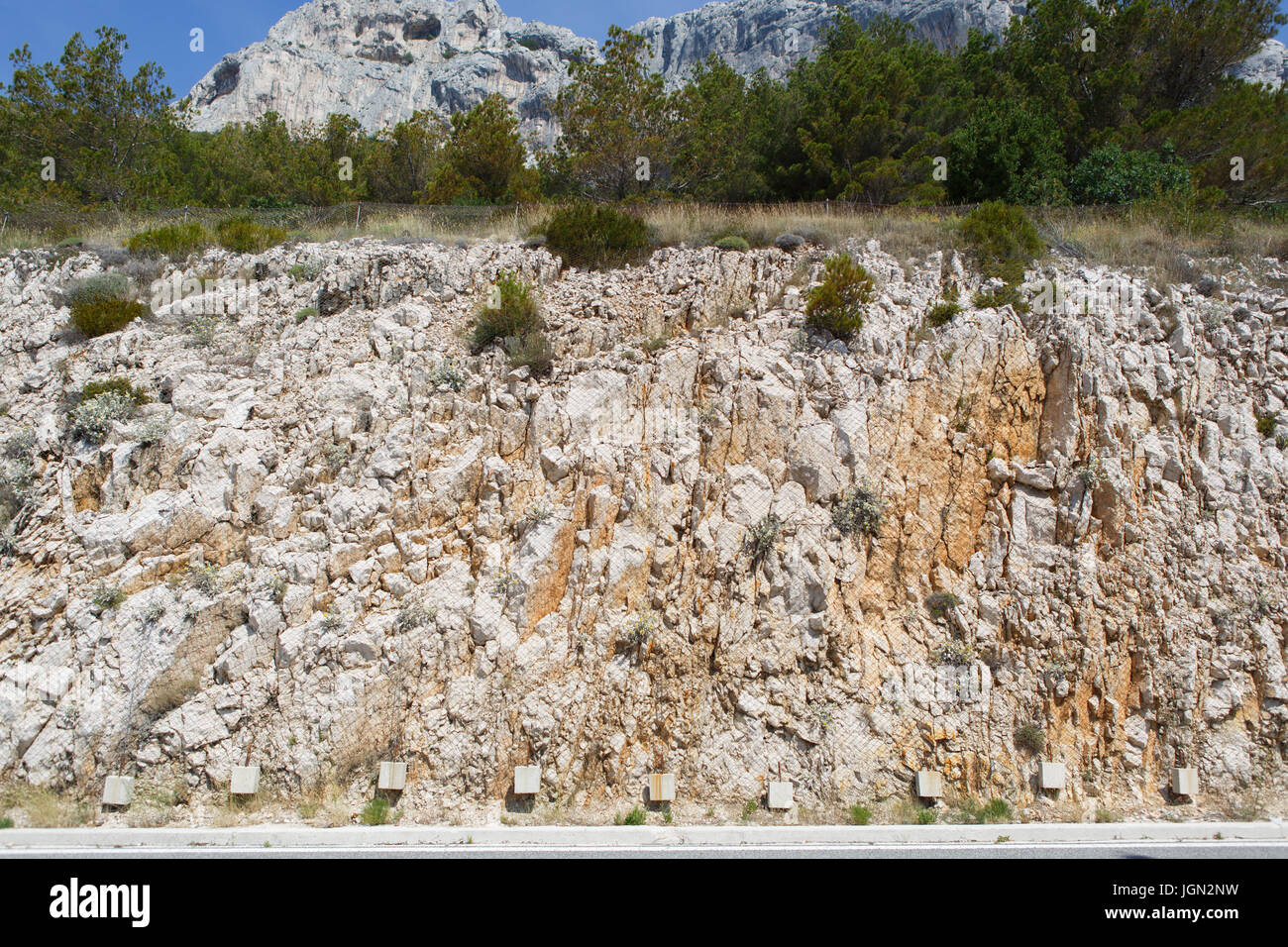 MAKARSKA,CROTIA - 16 JUNE,2017: Steel rabitz grid to protect people & cars from falling rocks in Dolmatian mountains of Croatian Riviera Stock Photo