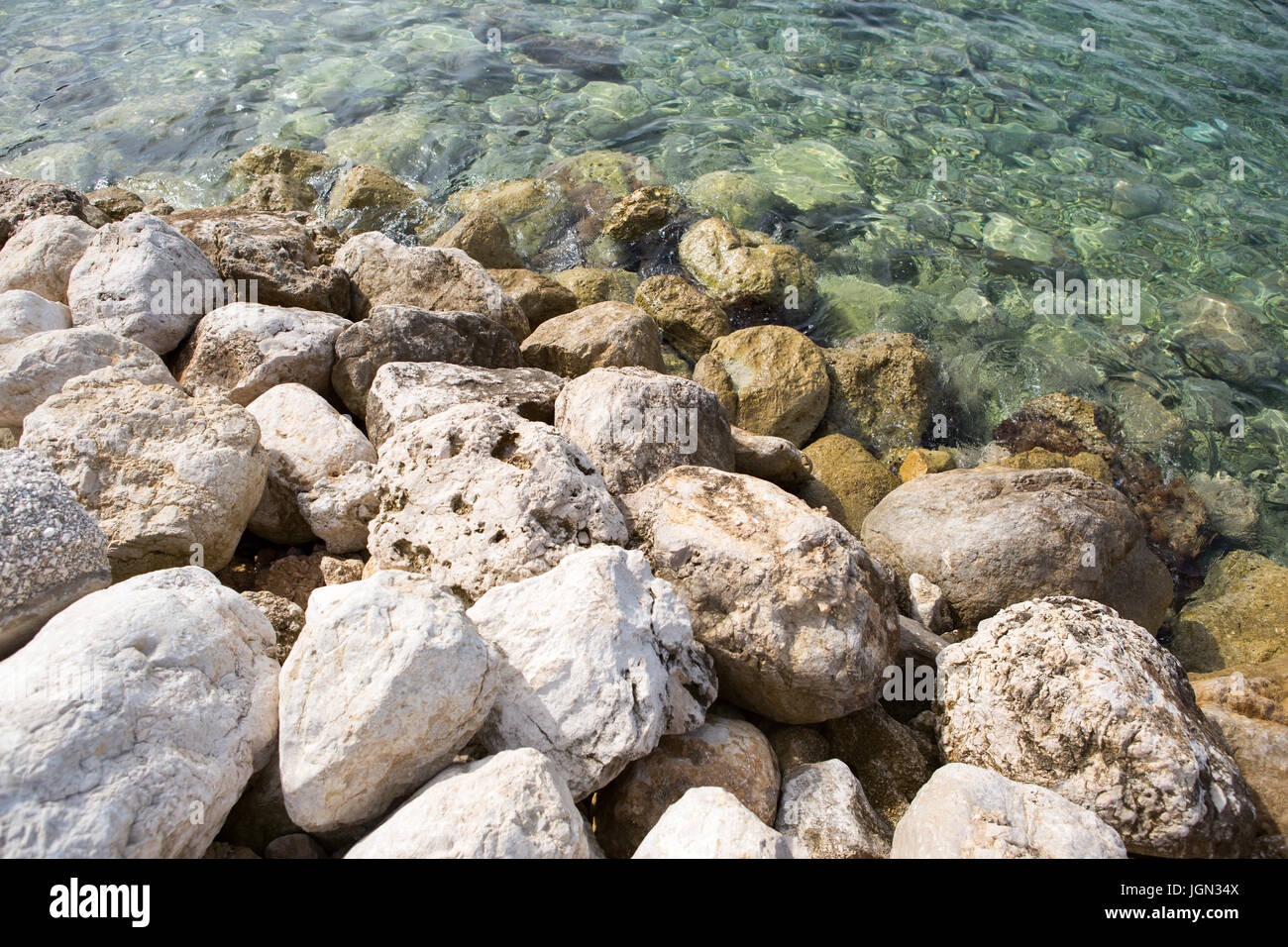 Clear Sea Rocks Adriatic Sea shore with big rocks & crystal clear, transparent water in ...