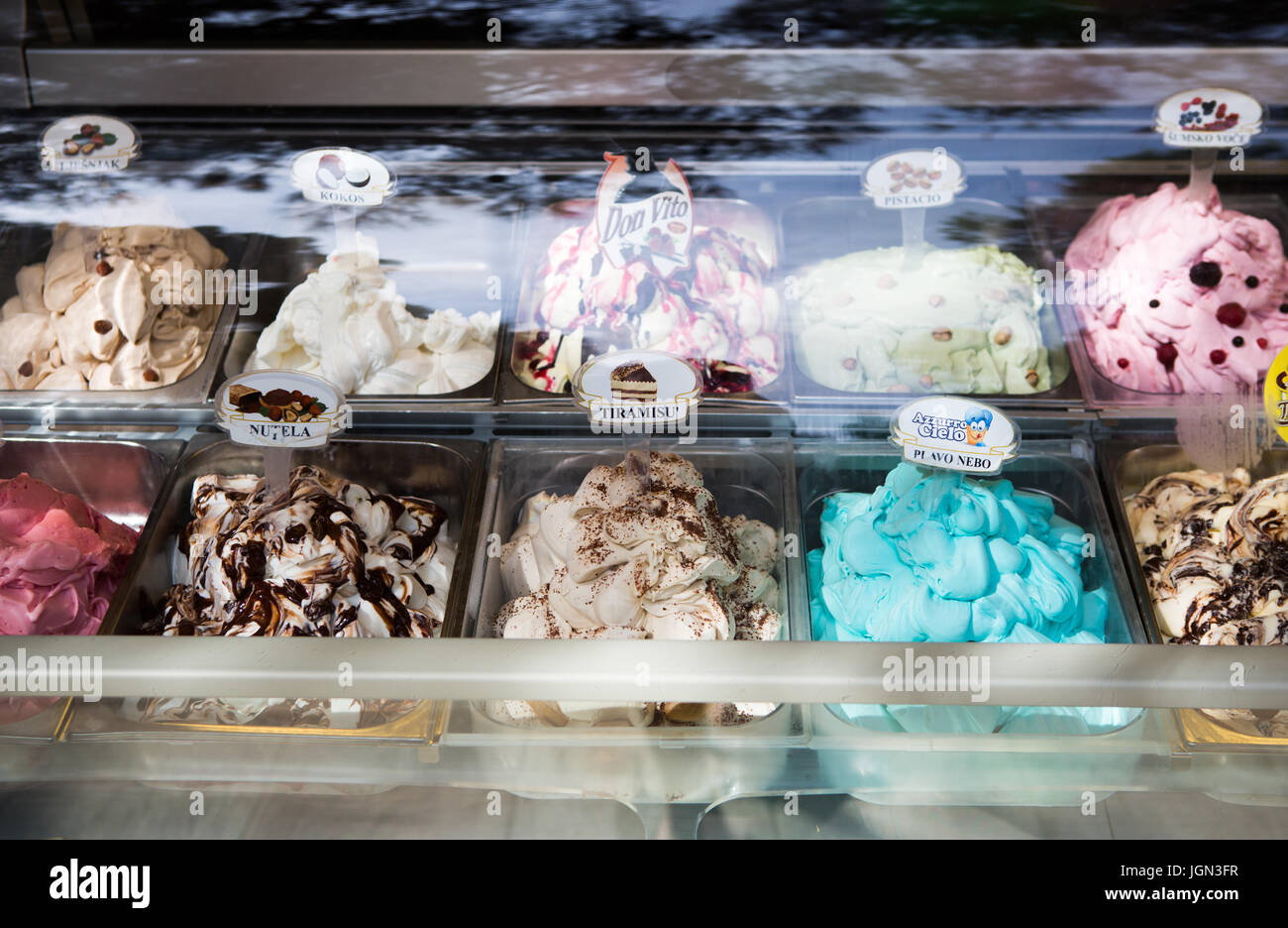 MAKARSKA,CROTIA - 16 JUNE,2017: Street food cafe with ice cream. Delicious Croatian ice-cream with different tastes. Enjoy sweet cold dessert Stock Photo