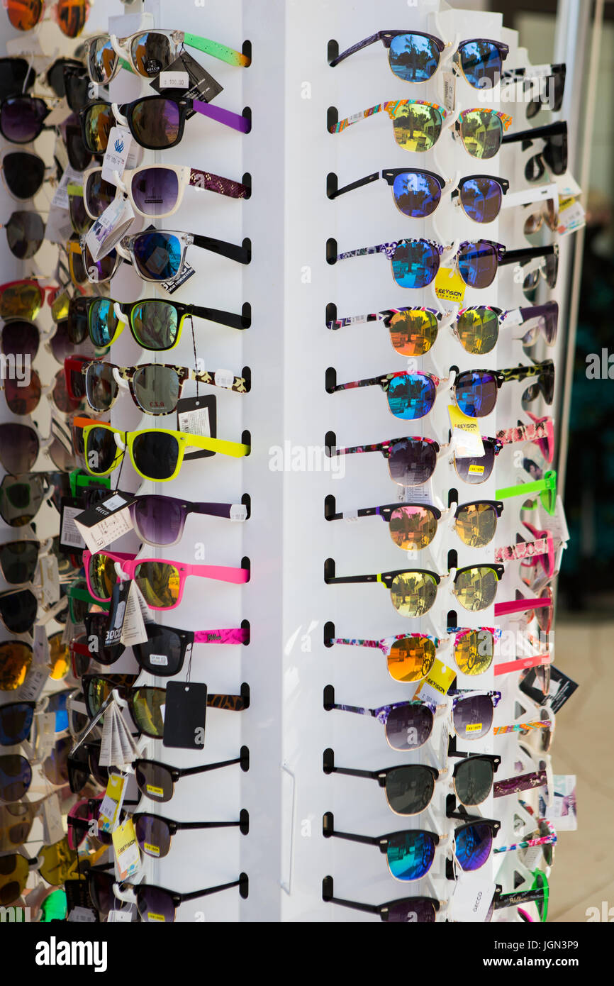 MAKARSKA,CROTIA - 16 JUNE,2017: Buy colorful sunglasses in the street of Makarska Riviera. Different cool sun glasses to protect you eyes from bright  Stock Photo