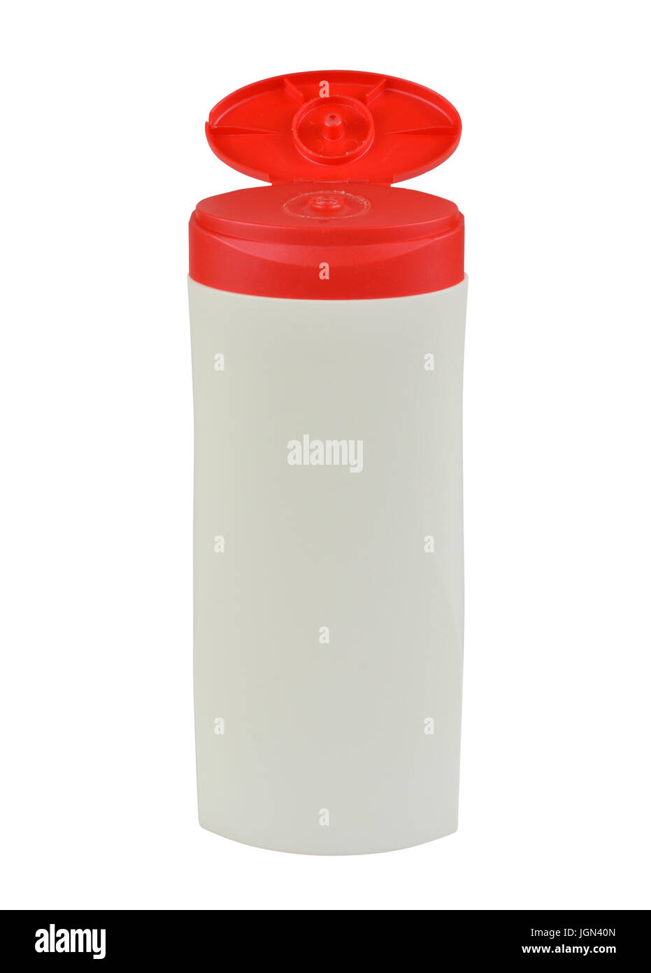 Open white plastic dispenser with red cap for the skin care lotion or shampoo, without any label - on a white background Stock Photo
