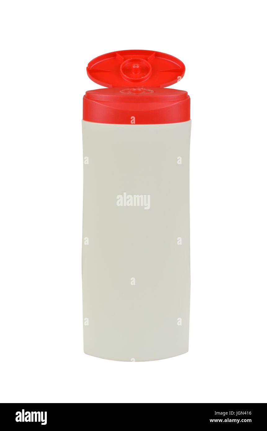 Open white plastic dispenser with red cap for the skin care lotion or shampoo, without any label isolated on a white background Stock Photo