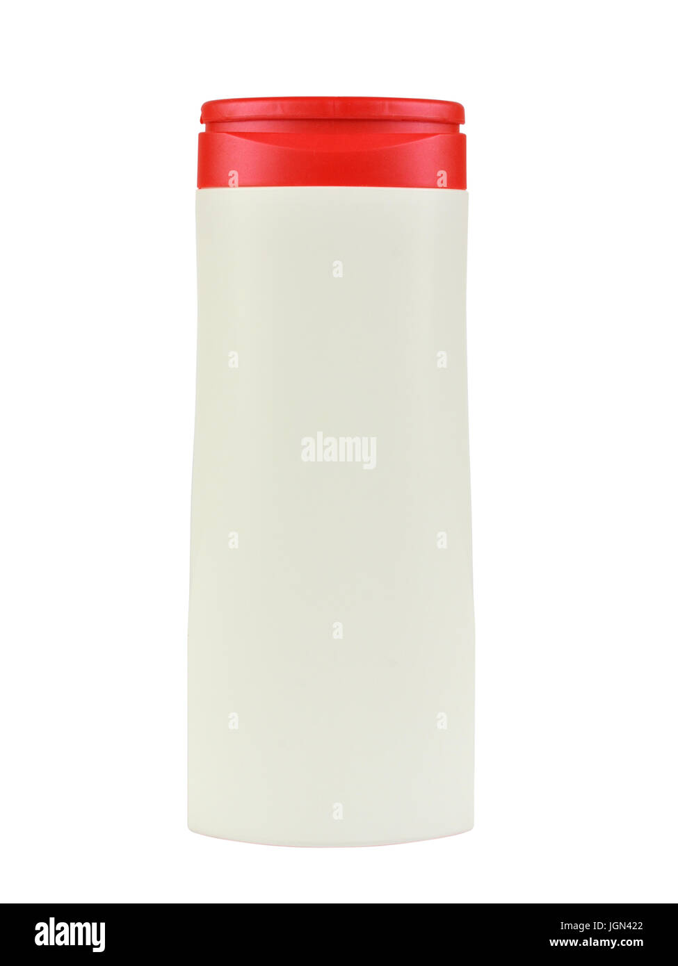 Closed white plastic dispenser with red cap for the skin care lotion or shampoo, without any label - on a white background Stock Photo