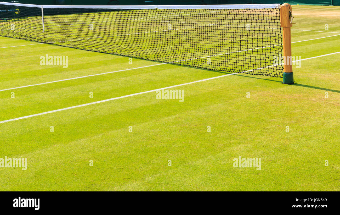 Empty grass tennis court at the Wimbledon Tennis Championships 2017, All England Lawn Tennis and Croquet Club, UK Stock Photo