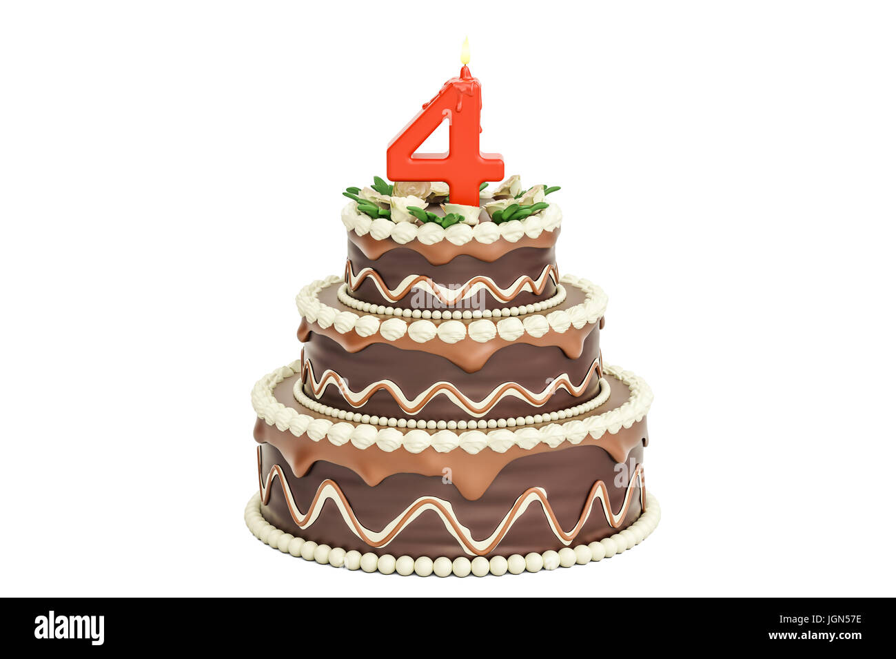 Chocolate Birthday Cake With Candle Number 4 3d Rendering Isolated On White Background Stock Photo Alamy