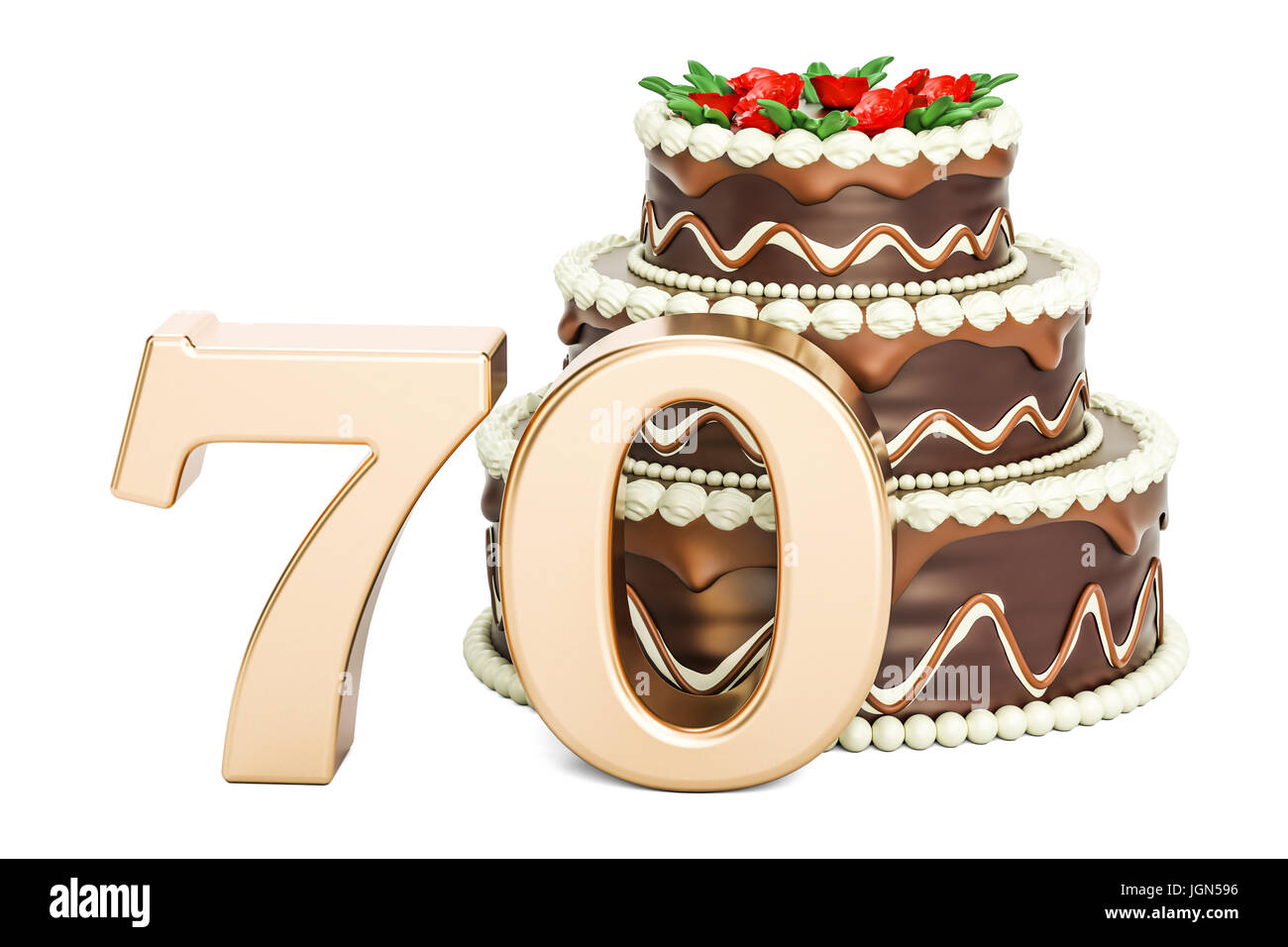 Chocolate Birthday cake with golden number 70, 3D rendering isolated on white background Stock Photo