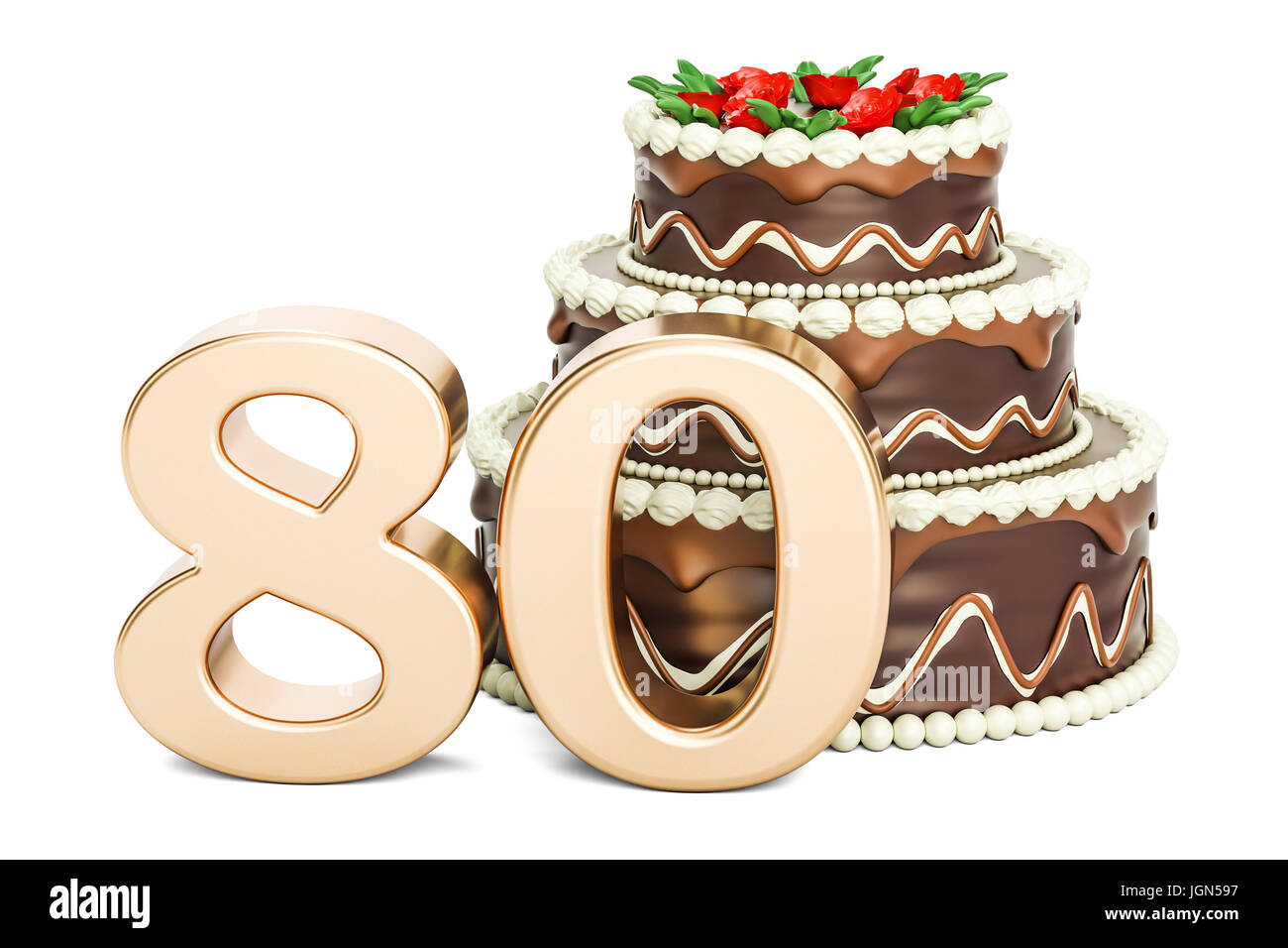 Chocolate Birthday cake with golden number 80, 3D rendering isolated on white background Stock Photo