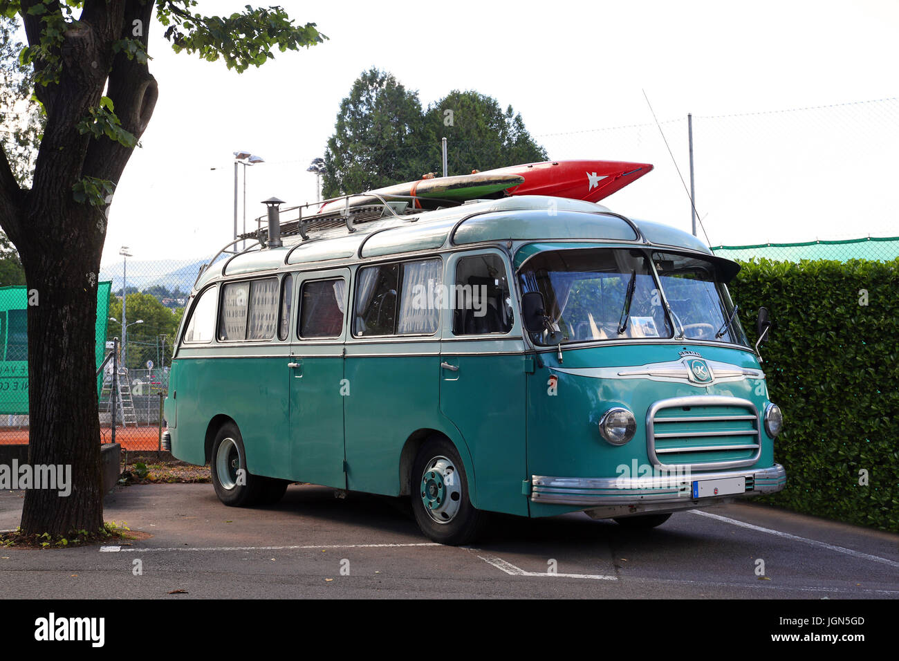 1960's Setra Kässbohrer panoramic bus converted into a camper van parked in Lugano,Switzerland, on July 1st, 2017 Stock Photo