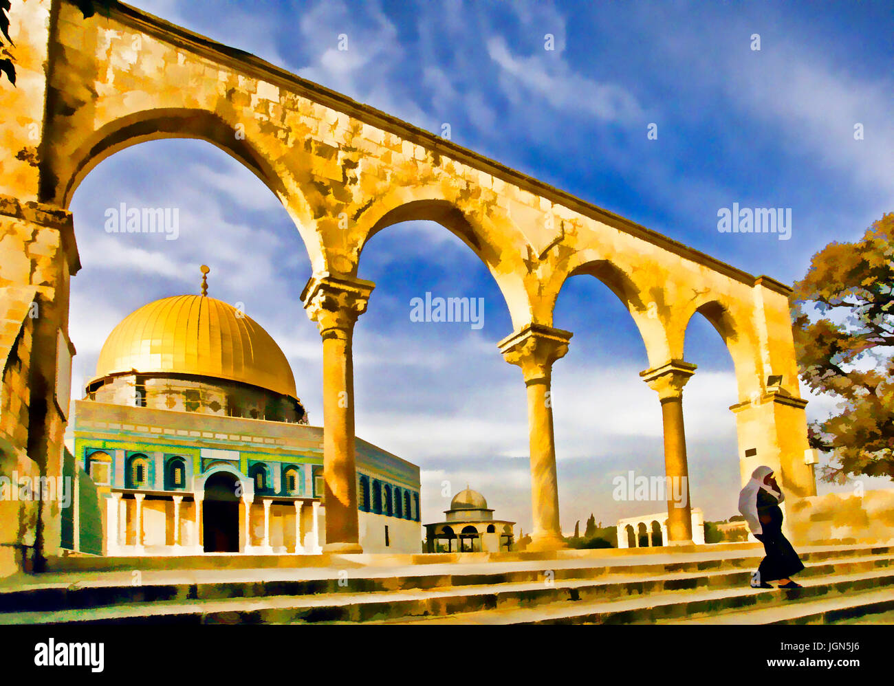 Al-Aksa (Al-Aqsa) Mosque, Dome of the Rock, the Noble Sanctuary, Temple Mount, in Old City of Jerusalem. --Digital photo art painting Stock Photo