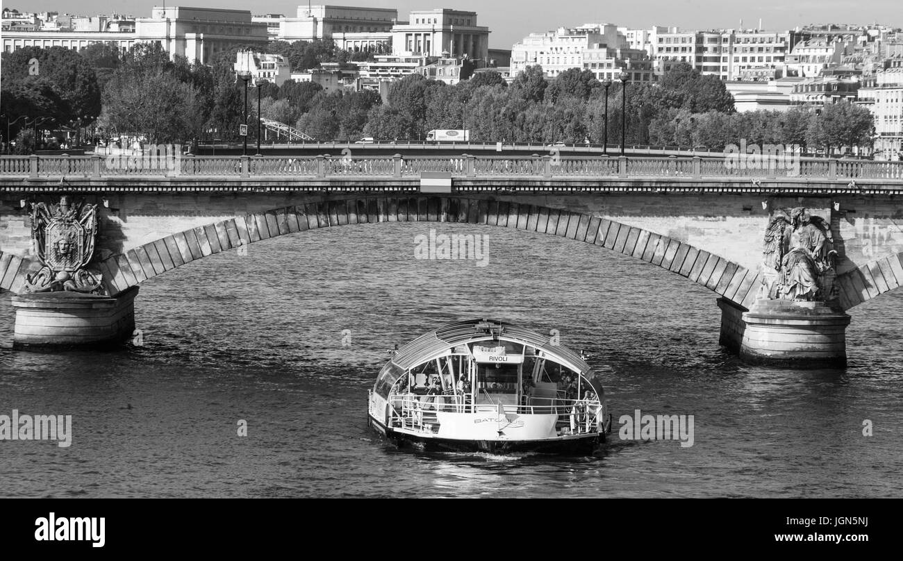 PARIS, FRANCE – 21 SEPTEMBER 2012: Pleasure boat sails on the river Seine. 21 September, 2012. Paris, France. Stock Photo
