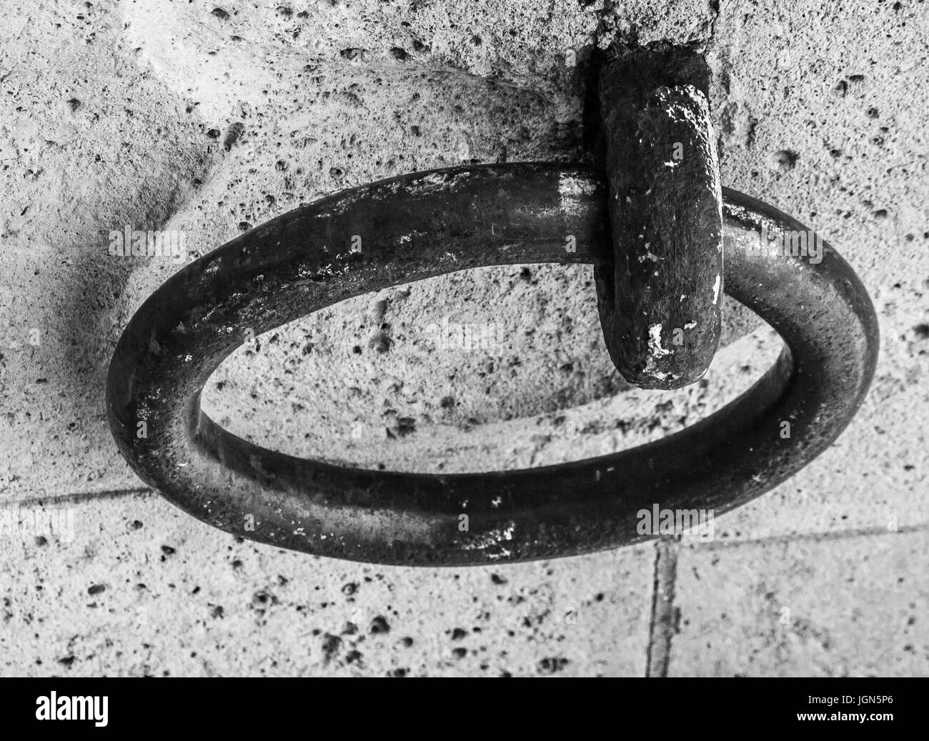 PARIS, FRANCE – 21 SEPTEMBER 2012: Steel ring for mooring on the waterfront of the River Seine in Paris. 21 September, 2012. Paris, France Stock Photo