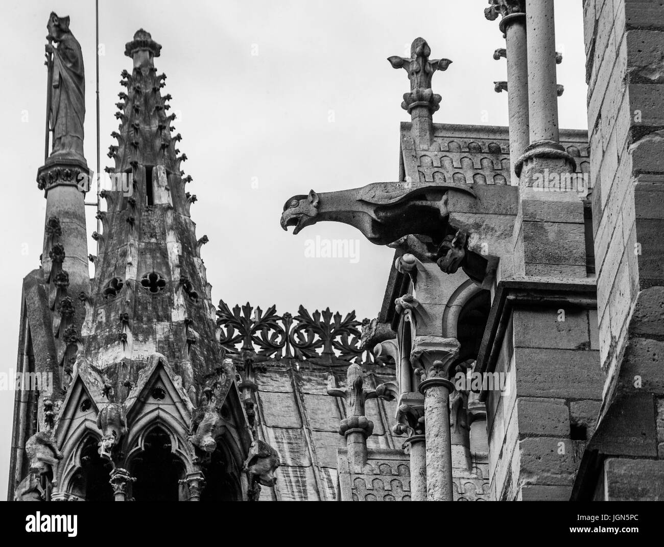 PARIS, FRANCE – 21 SEPTEMBER 2012: The statues and architectural elements of the main facade of Notre Dame de Paris. 21 September, 2012. Paris, France Stock Photo