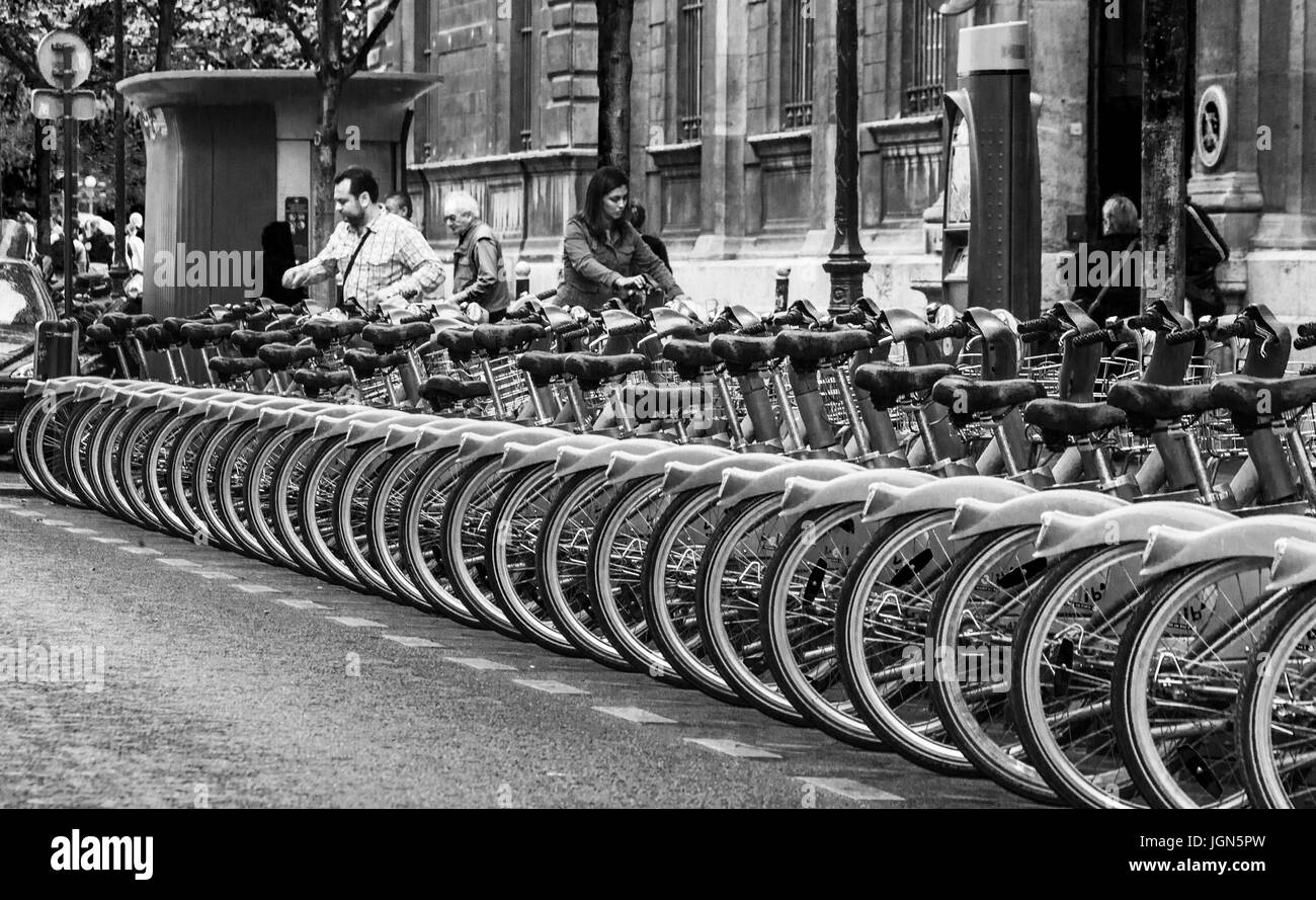 PARIS, FRANCE – 21 SEPTEMBER 2012: Bicycle parking on the streets of Paris. 21 September, 2012. Paris, France. Stock Photo