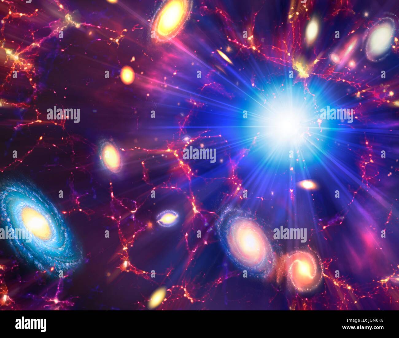 Big Bang, conceptual image. Computer illustration representing the origin of the universe. The term Big Bang describes the initial expansion of all the matter in the universe from an infinitely compact state 13.7 billion years ago. The initial conditions are not known, but less than a second after the beginning, temperatures were trillions of degrees Celsius and the primordial universe was much smaller than an atom. It has been expanding and cooling ever since. Matter formed and coalesced into the galaxies, which are observed to be moving away from each other. Stock Photo