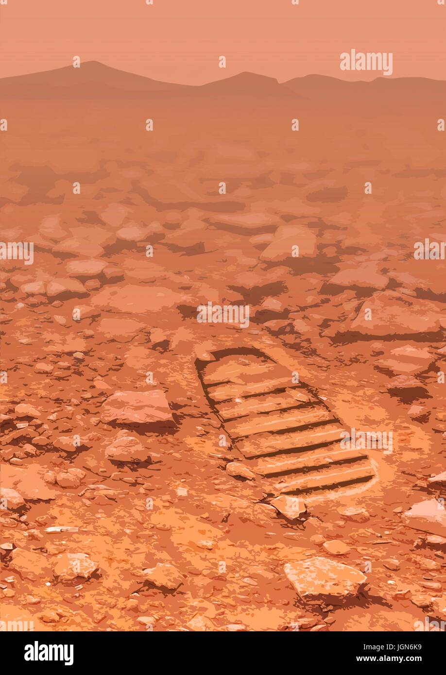 Footprints on Mars, artwork. An illustration of a boot print on the surface of the red planet, perhaps left behind by future astronauts â€“ or tourists. A human expedition to Mars would be a costly, dangerous but rewarding venture. Stock Photo