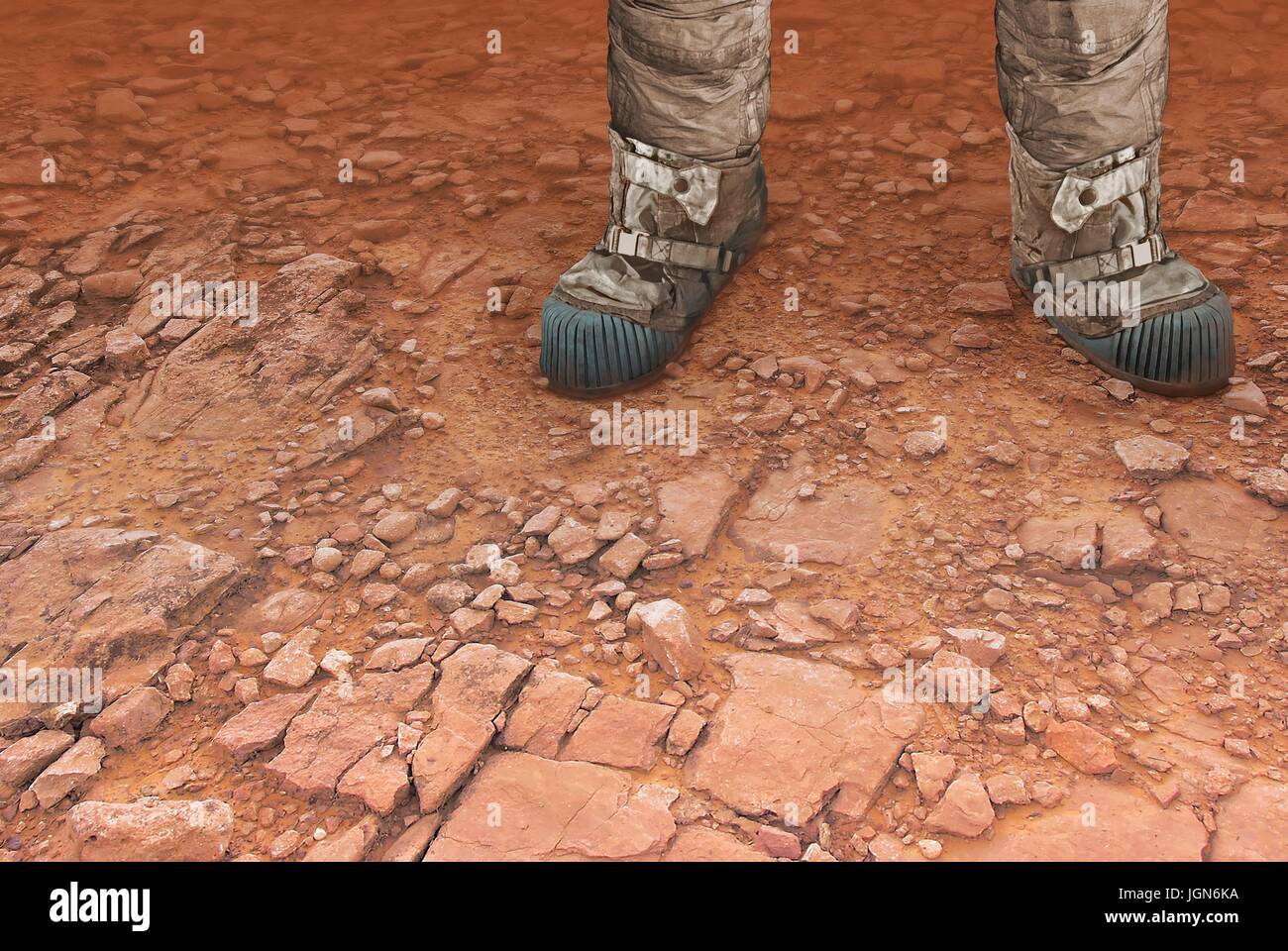 Humans on Mars, artwork. An illustration of a pair of legs on the surface of the red planet, perhaps belonging to future astronauts â€“ or tourists. A human expedition to Mars would be a costly, dangerous but rewarding venture. Stock Photo