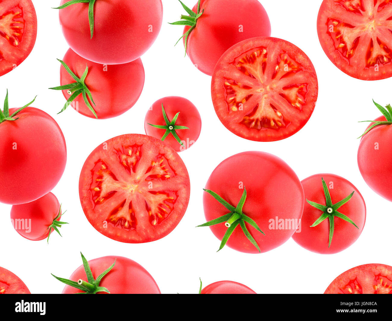 Falling tomatoes isolated on white background. Seamless Pattern wallpaper Stock Photo