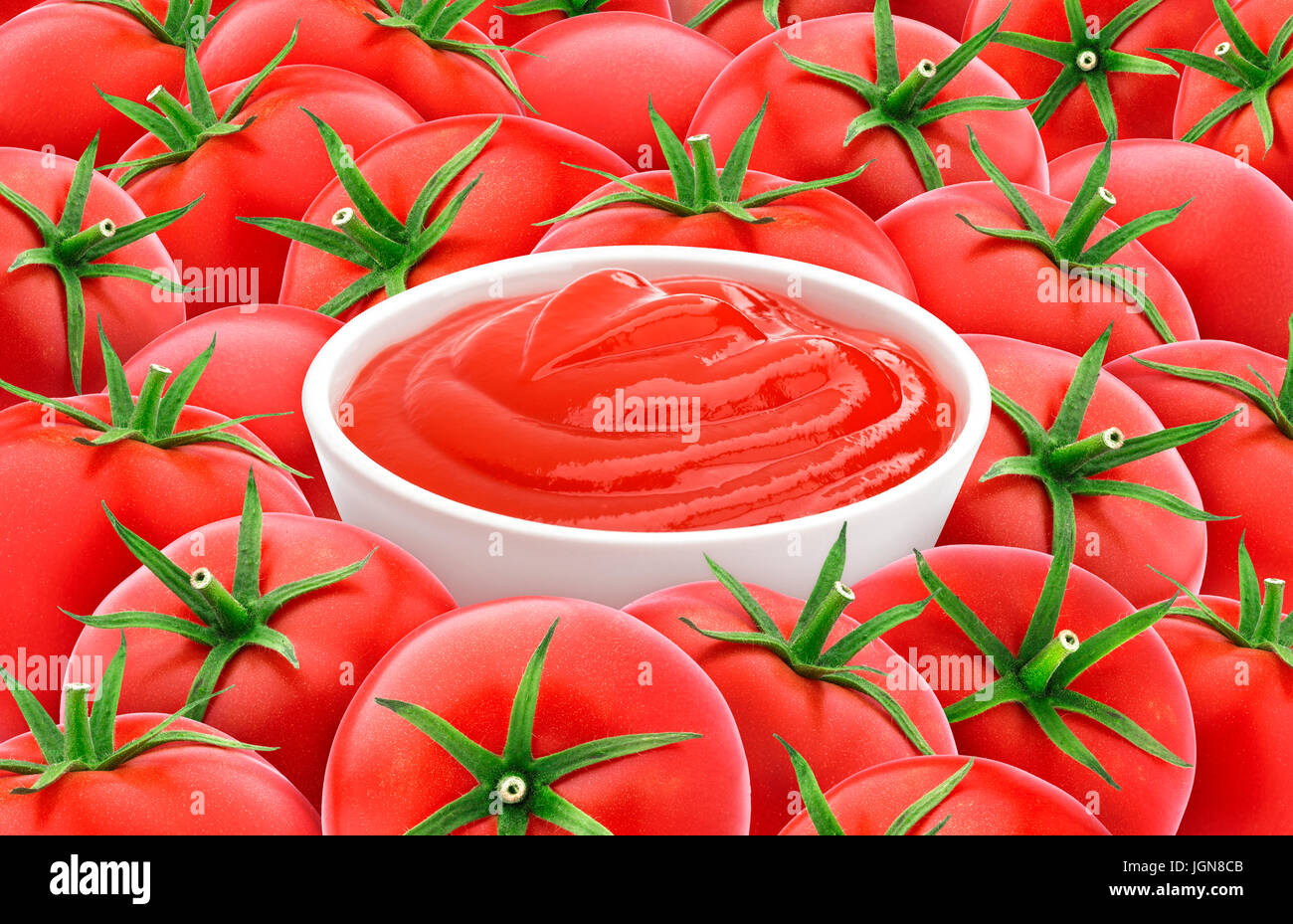 Tomato ketchup on tomatoes background. Red tomato texture. Stock Photo