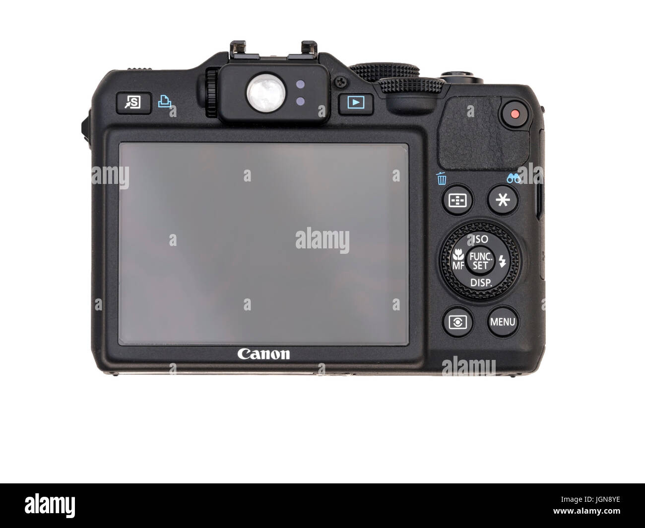 Rear view of Canon Powershot G15 compact digital camera on white background Stock Photo