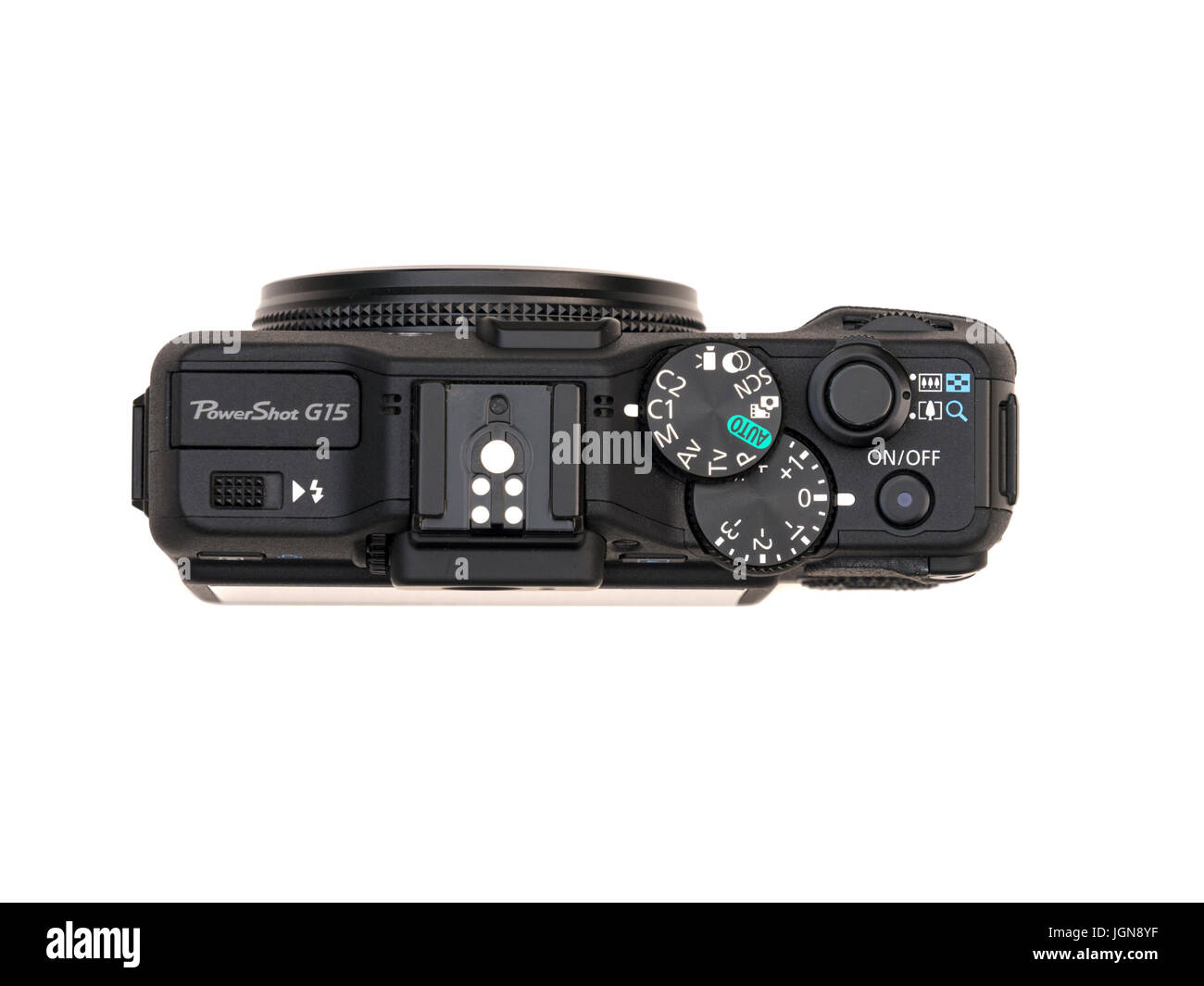 View of top plate of Canon Powershot G15 compact digital camera with dials and flash hot-shoe on white background Stock Photo