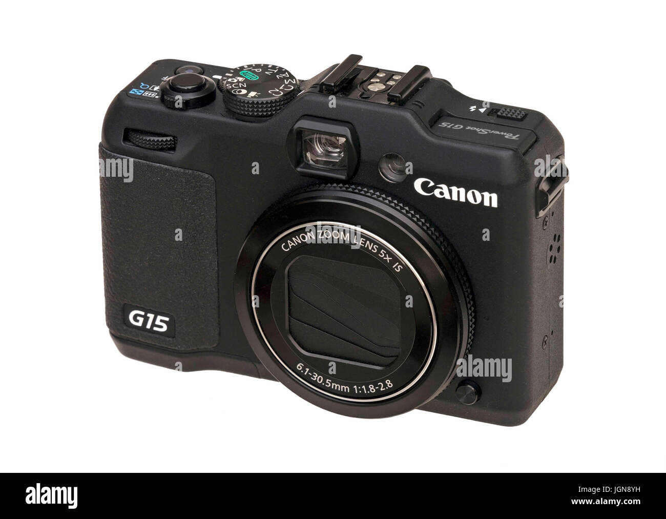 Front view of Canon Powershot G15 compact digital camera on white background Stock Photo