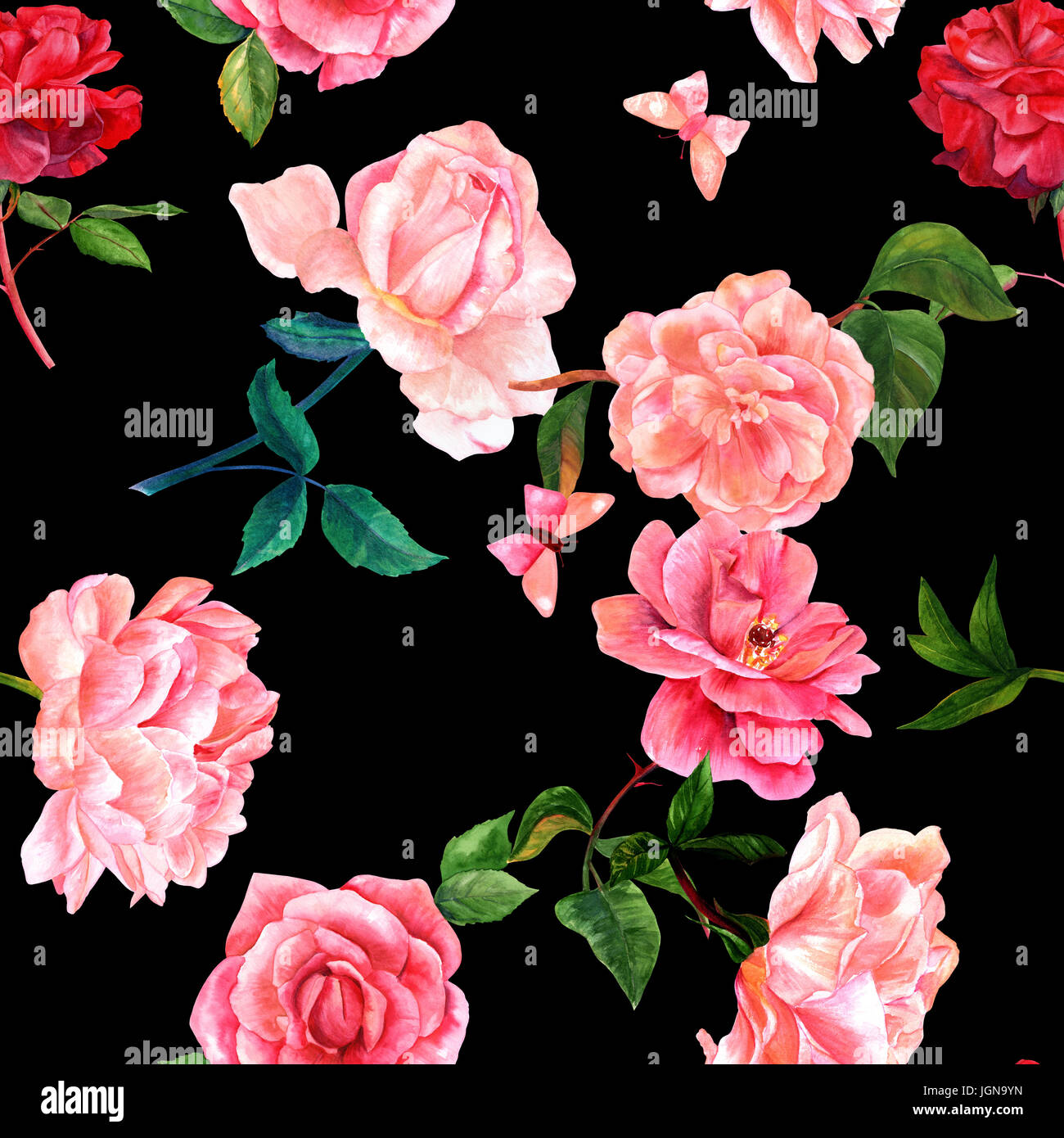 Seamless pattern of watercolor flowers and butterflies on black Stock ...