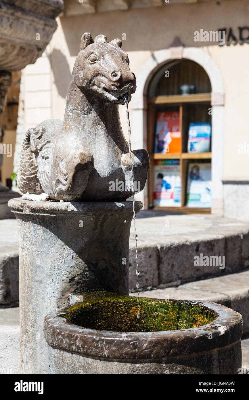 TAORMINA, ITALY - JUNE 29, 2017: detail of fountain (Quattro Fontane di Taormina) on Piazza Del Duomo in summer day. Taormina is resort town on Ionian Stock Photo