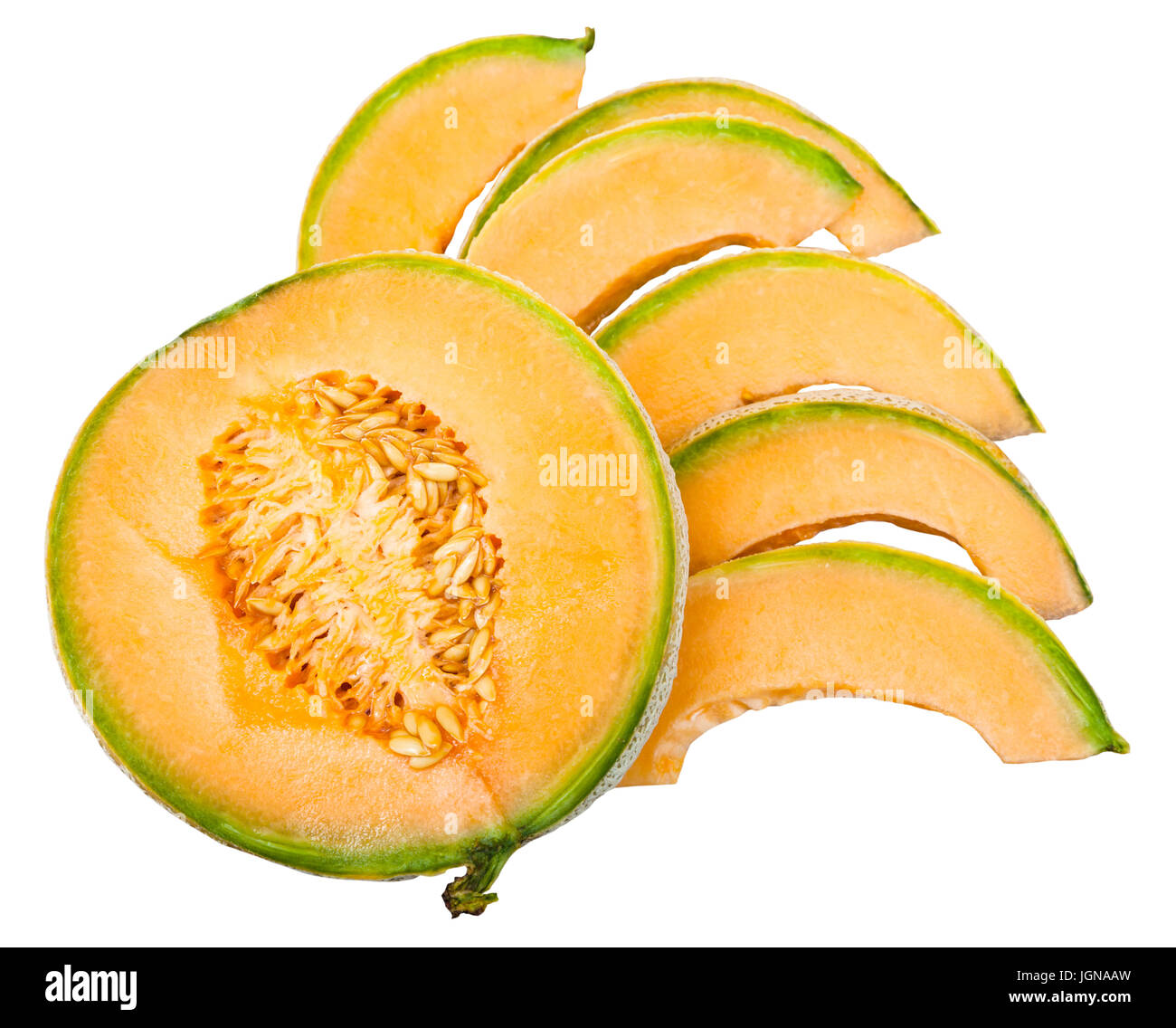 half and slices of ripe sicilian muskmelon (cantaloupe melon) isolated