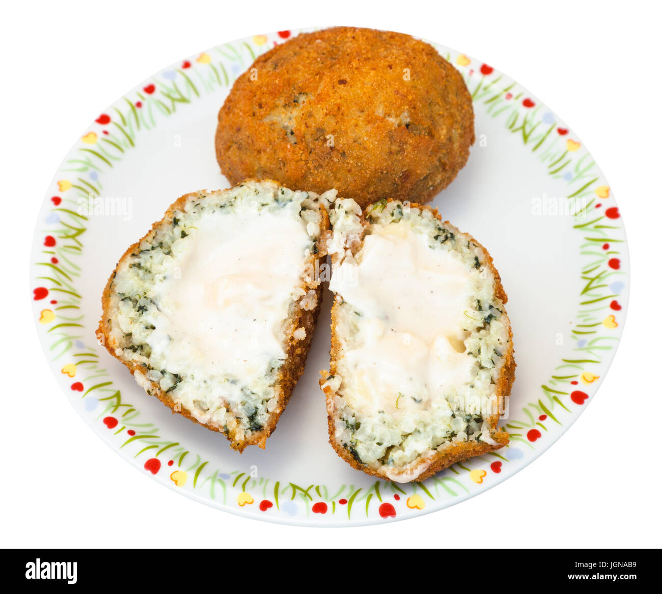 traditional sicilian street food - spinach and sauce stuffed rice balls arancini on plate isolated on white background Stock Photo
