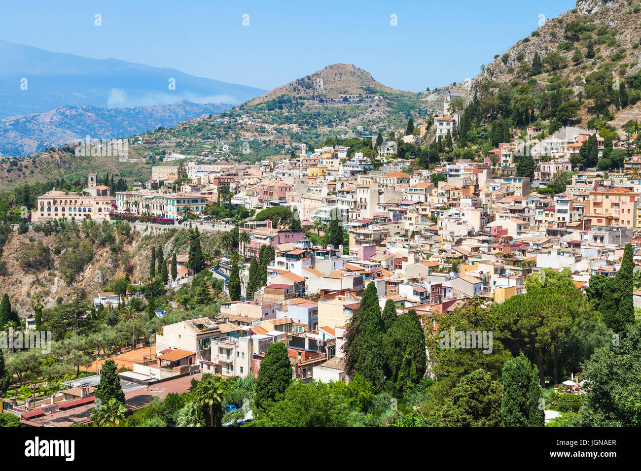 travel to Sicily, Italy - skyline of Taormina city in summer day Stock Photo
