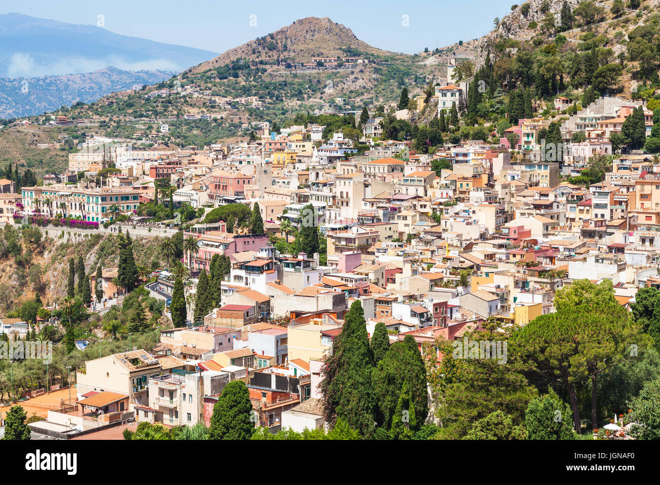 travel to Sicily, Italy - above view of Taormina city in summer day Stock Photo