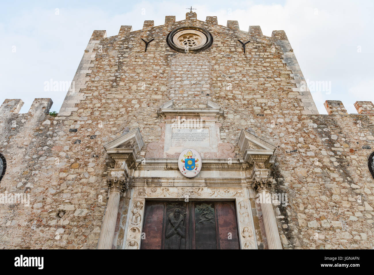 travel to Sicily, Italy - facade of Duomo di Taormina (Cathedral San Nicolo di Bari) in Taormina city Stock Photo