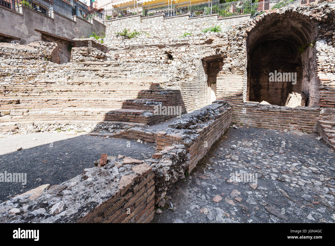 travel to Sicily, Italy - ruins of ancient roman amphitheater Odeon in Taormina city Stock Photo