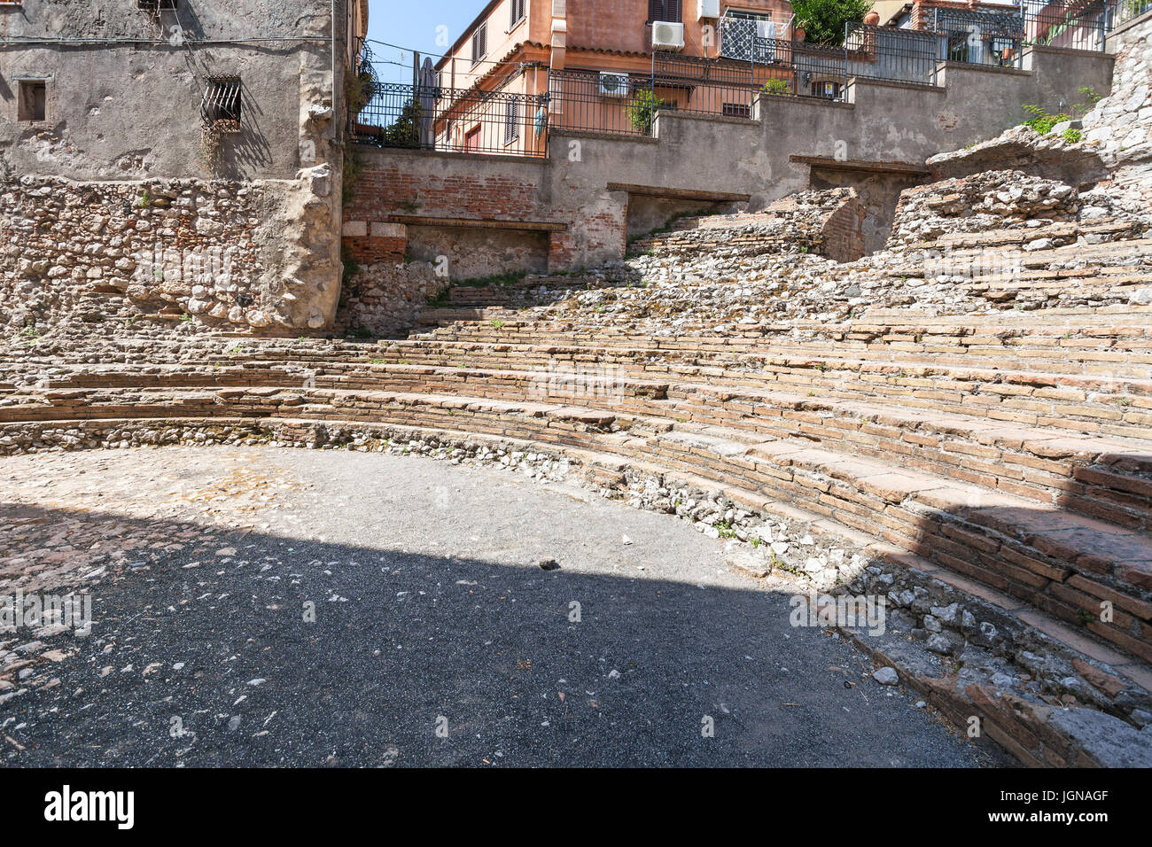 travel to Sicily, Italy - view of ancient roman theater Odeon in Taormina city Stock Photo