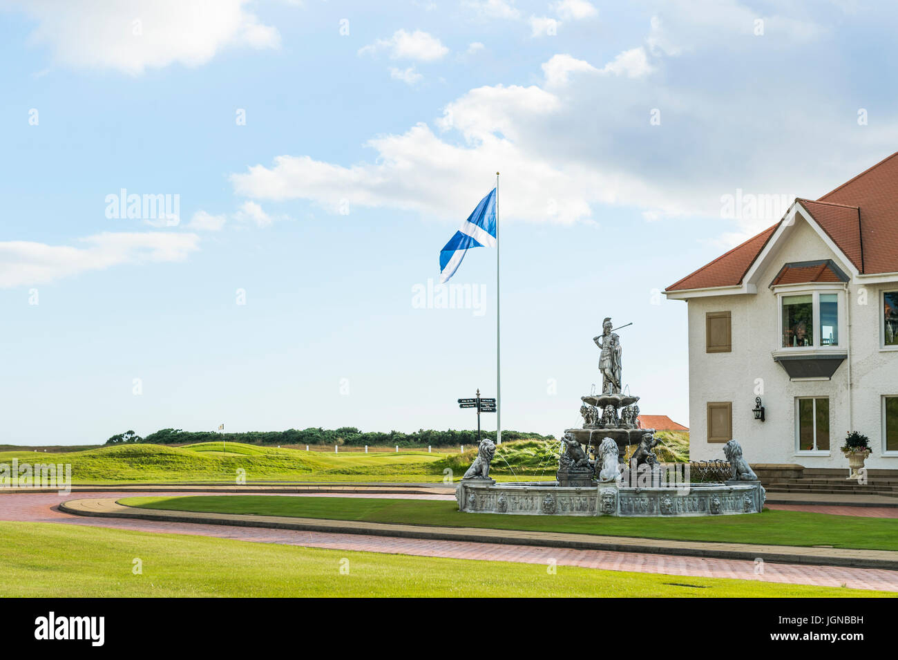Turnberry, Scotland, UK - August 4, 2016: The fountain outside the clubhouse of the Robert the Bruce golf course at the Trump Turnberry Luxury Resort. Stock Photo