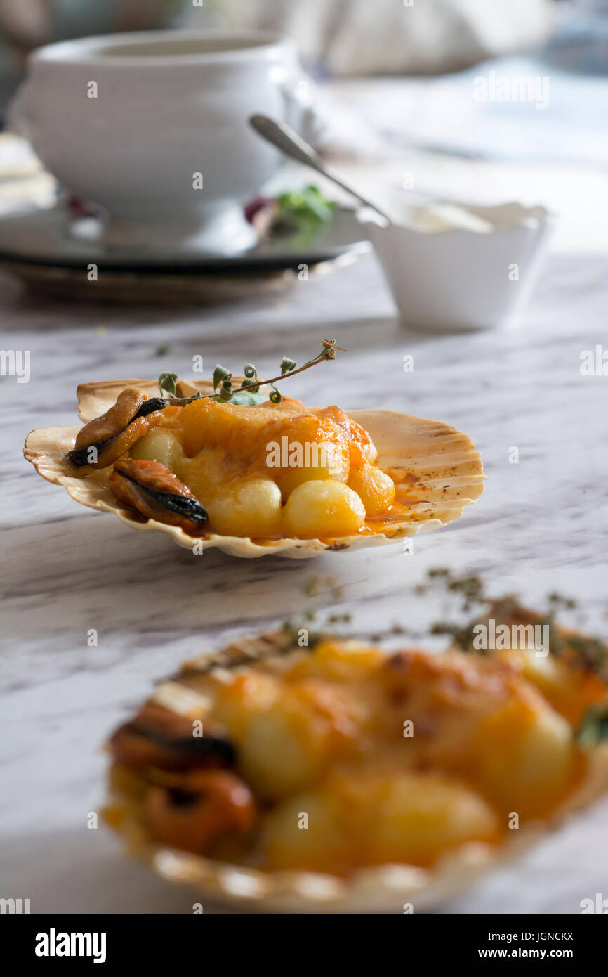 Gnocchi pasta with mussels, tomato and cream room, in vieira shell