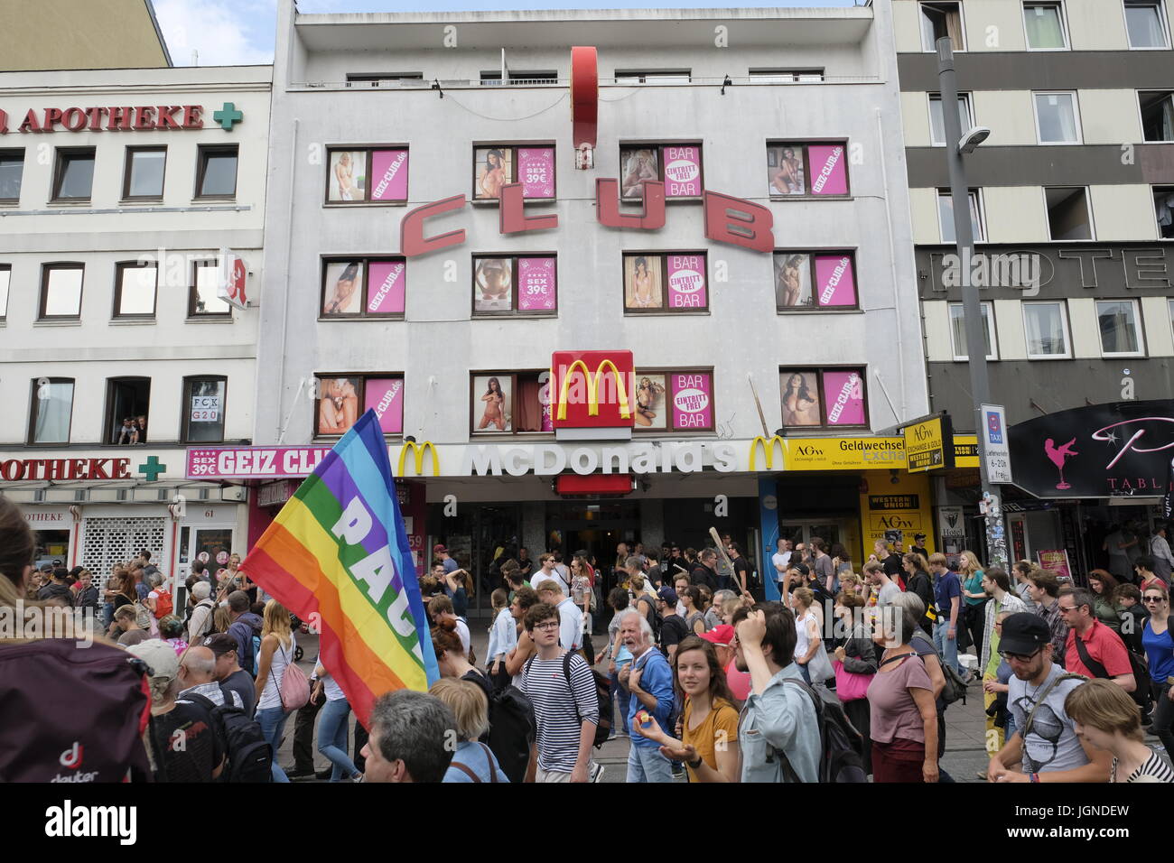 Hamburg, Germany. 08th July, 2017. Large anti G20 demonstration in red-light district Reeperbahn, Hamburg.Large demonstration against G20 by predominantly left wing groups marches through central Hamburg. Credit: Iain Masterton/Alamy Live News Stock Photo