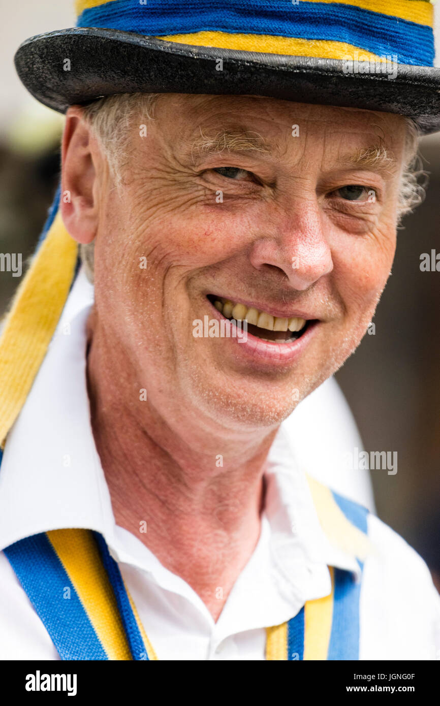 Portrait, Caucasian mature male,  50s, man from Yateley Morris dancers, close up, face, eye contact, laughing, smiling at viewer. Stock Photo