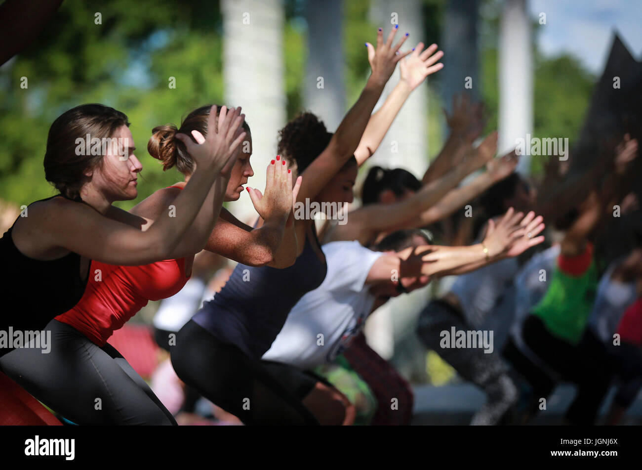 July 8, 2017 Florida, U.S. People participate in a free yoga class