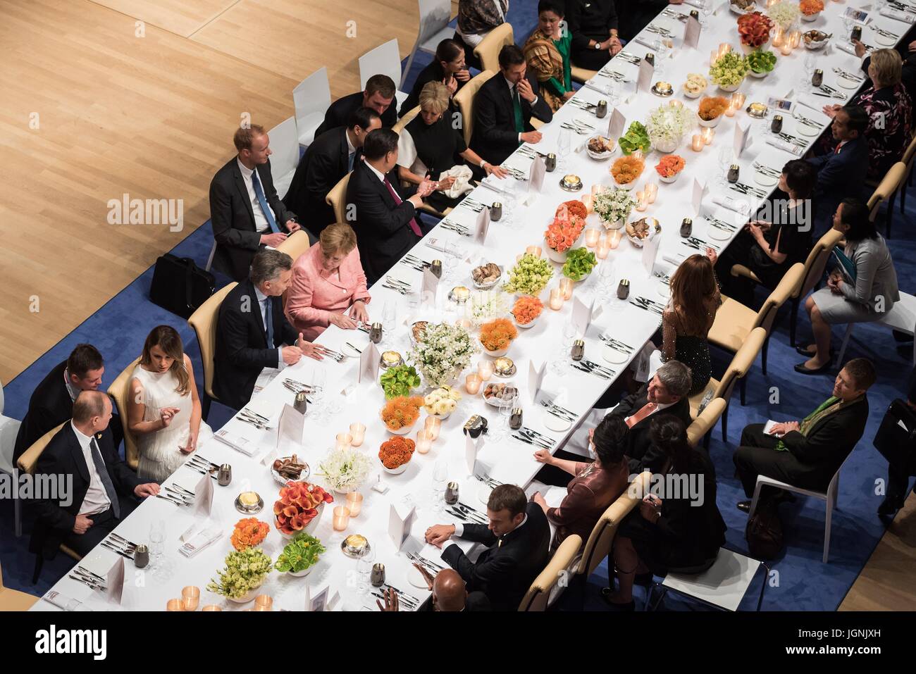 German Chancellor Angela Merkel hosts a dinner for world leaders attending the first day of the G20 Summit meeting at the Elbphilharmonie concert hall July 7, 2017 in Hamburg, Germany.   (Bundesregierung/Kugler via Planetpix) Stock Photo