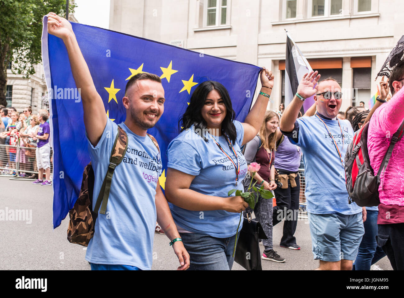 London, UK. 8th July, 2017. People holding EU flag during the parade at Pride London 2017. .Thousand of people join the annual LGBT  parade through the capital. Credit: Nicola Ferrari/Alamy Live News Stock Photo