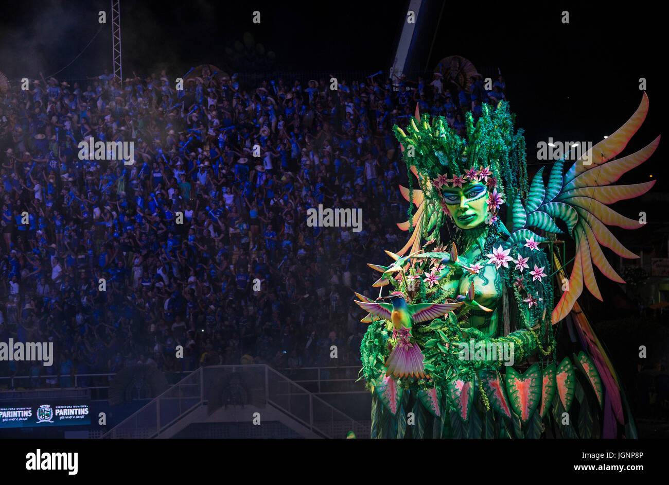 Beijing, Brazil. 1st July, 2017. A parade float of Caprichoso team attends the Parintins Folklore Festival in Parintins, Brazil, July 1, 2017. The Parintins Folklore Festival is a popular annual celebration. Credit: Li Ming/Xinhua/Alamy Live News Stock Photo