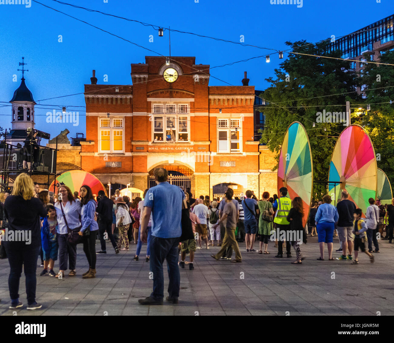 London, UK. 8th Jul, 2017. Greenwich and Docklands International Festival Finale, The Colour Of Light. Enormous colour wheels roll through the streets of Woolwich. The promenade performance that began at the Assembly Statues at the Royal Arsenal Riverside was created by Compagnie Off, a French company producing outdoor shows. The show, accompanied by a soundtrack by Shri Sriram, was a celebration of inclusion and unity and welcomed people to the streets of Woolwich. The giant rainbow wheels were particularly appropriate on London's Gay Pride day. © Eden Breitz/ Alamy Live News Stock Photo