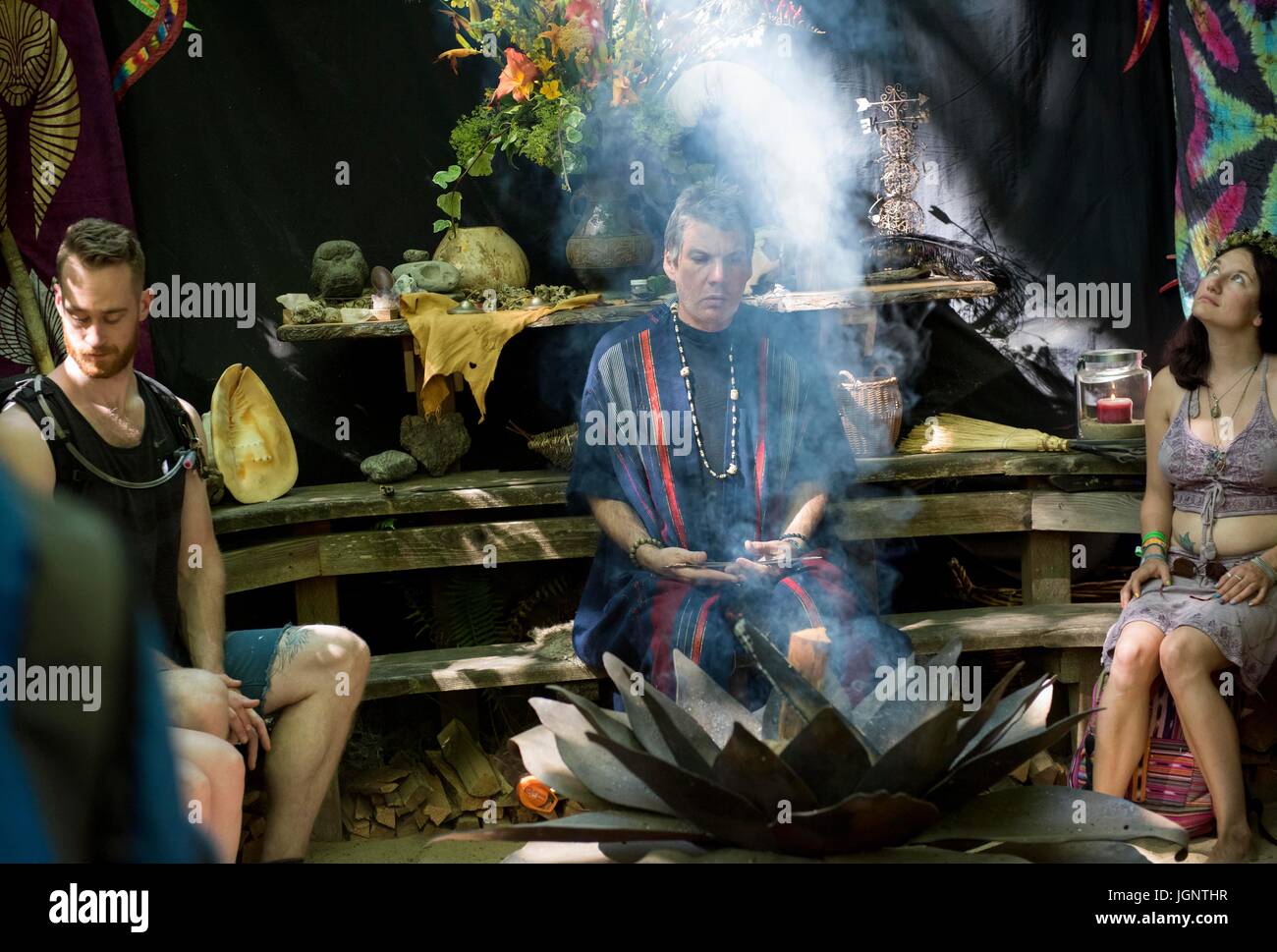 OREGON, USA. 8th July, 2017. People meditate in a booth at the